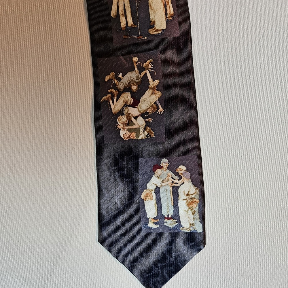 The Saturday Evening Post Norman Rockwell Boys Sports Tie 2001 Silk Brown...